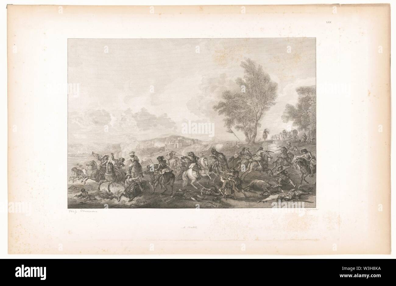 Kampf der Kavallerie in der Nähe der Ufer eines Flusses) - (Wouwermans pinx. ; S. Ayres del. ; Sonne sc.) Stockfoto