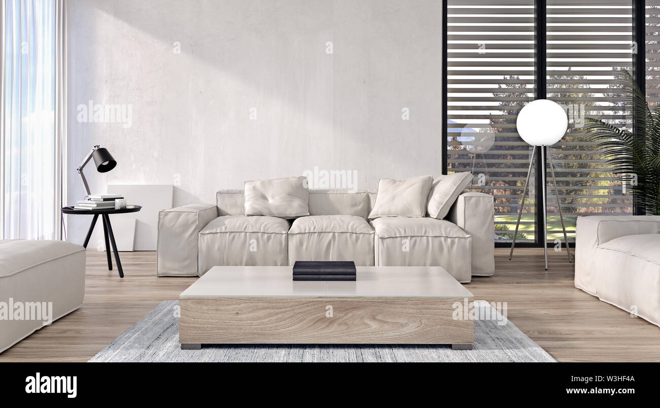 Modernes Interieur aus Wohnzimmer mit italienischen Möbeln und großen Schiebetüren und Windows, den Garten und die Bäume im Hintergrund, 3D-Rendering Stockfoto
