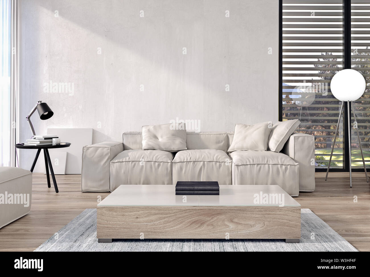 Modernes Interieur aus Wohnzimmer mit italienischen Möbeln und großen Schiebetüren und Windows, den Garten und die Bäume im Hintergrund, 3D-Rendering Stockfoto