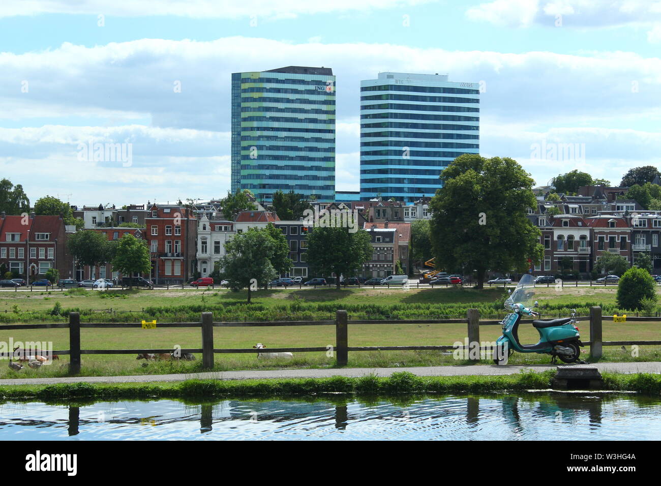 Arnhem, Niederlande - Juli 3, 2019: Blick vom Park Sonsbeek an WTC Bürogebäuden und die Wiesen mit Kühen Stockfoto