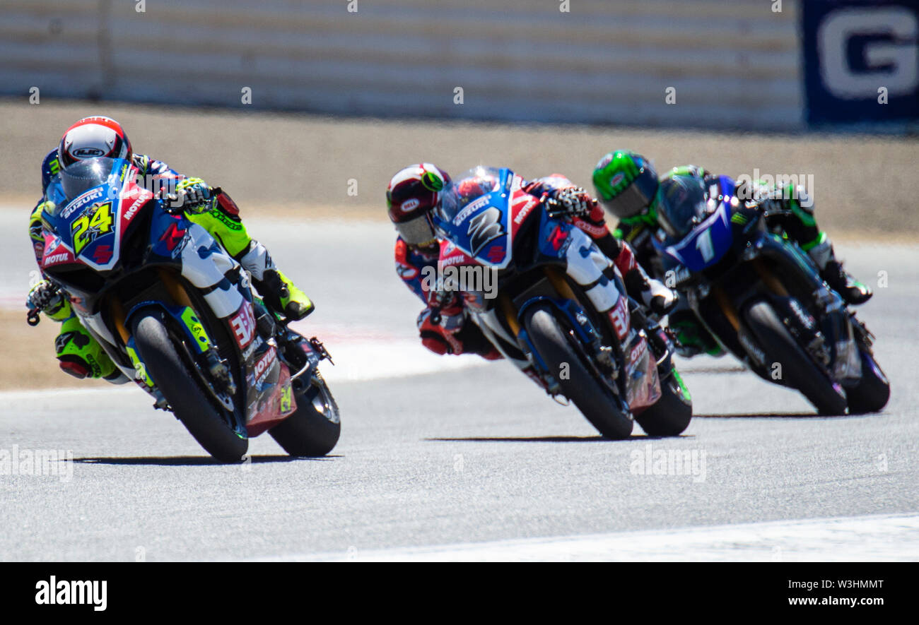 Monterey, CA, USA. 13. Juli, 2019. A. #24 Toni Elias führt den Satz aus der Kurve 3 während der MotoAmerica SuperBike Rennen 2 am Weathertech Raceway Laguna Seca in Monterey, CA Thurman James/CSM/Alamy leben Nachrichten Stockfoto