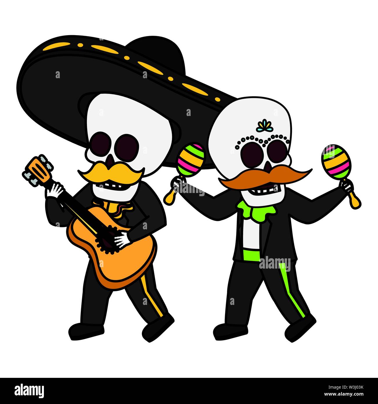 Skelette Musiker mit Gitarre maracas Viva Mexico Stock Vektor