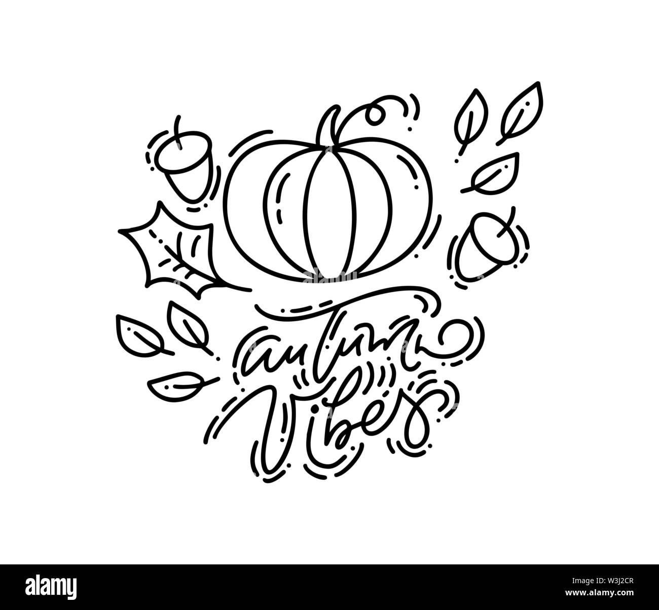 Vector Illustration der Grußkarte mit monolinern Kalligraphie Herbst Vibes Text. Hand Kürbis gezeichnet und Blätter auf weißem Hintergrund. Perfekt Stock Vektor