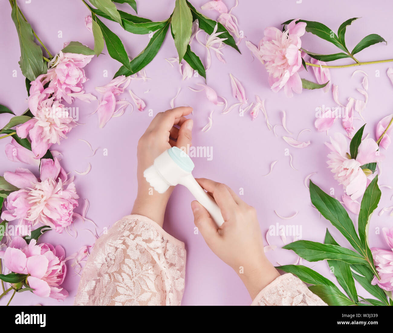 Zwei Hände eines jungen Mädchens mit glatter Haut und ein Blumenstrauß rosa Pfingstrosen auf einem lila Hintergrund, Ansicht von oben, modische Konzept für Hand Hautpflege, ant Stockfoto