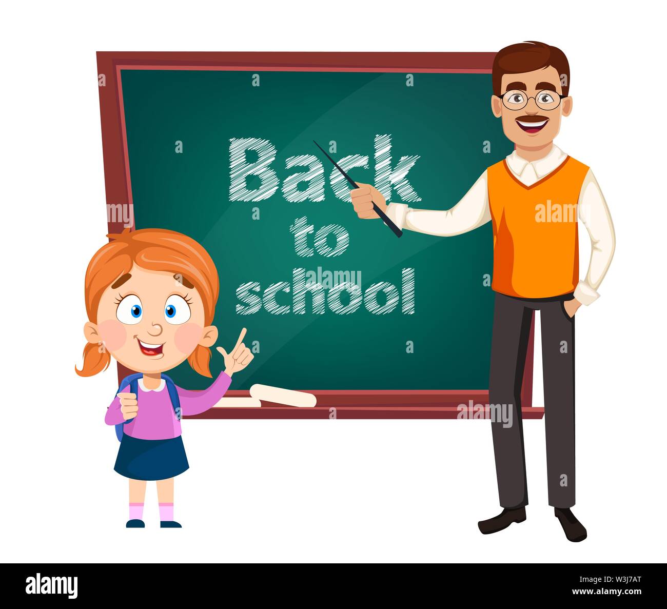 Zurück zu Schule. Lehrer Mann cartoon Charakter und süßes Schulmädchen. Teacher's Tag. Vector Illustration Stock Vektor