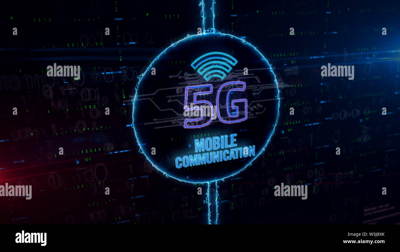 5G symbol Hologramm in dynamischen elektrischen Kreis auf digitalen Hintergrund. Modernes Konzept der mobilen drahtlosen Netzwerk, Kommunikationstechnik, Daten- Stockfoto