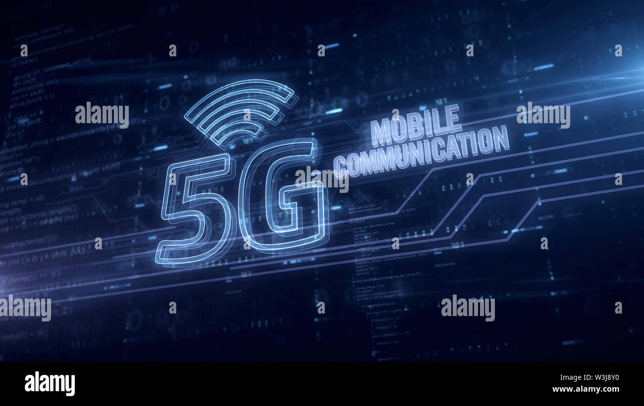 5G Mobile Kommunikation blau Hologramm 3d-Abbildung. Futuristisches Konzept der mobilen drahtlosen Netzwerk, Kommunikationstechnik, Daten übermitteln, Inte Stockfoto