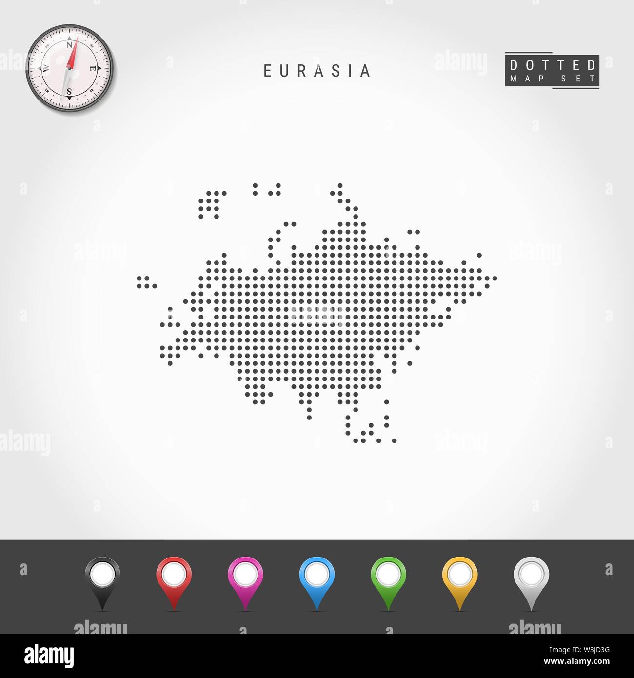 Punkte Karte von Eurasien. Einfache Silhouette von Eurasien. Realistische Vektor Kompass. Eingestellt von bunten Karte Markierungen. Vector Illustration. Stock Vektor