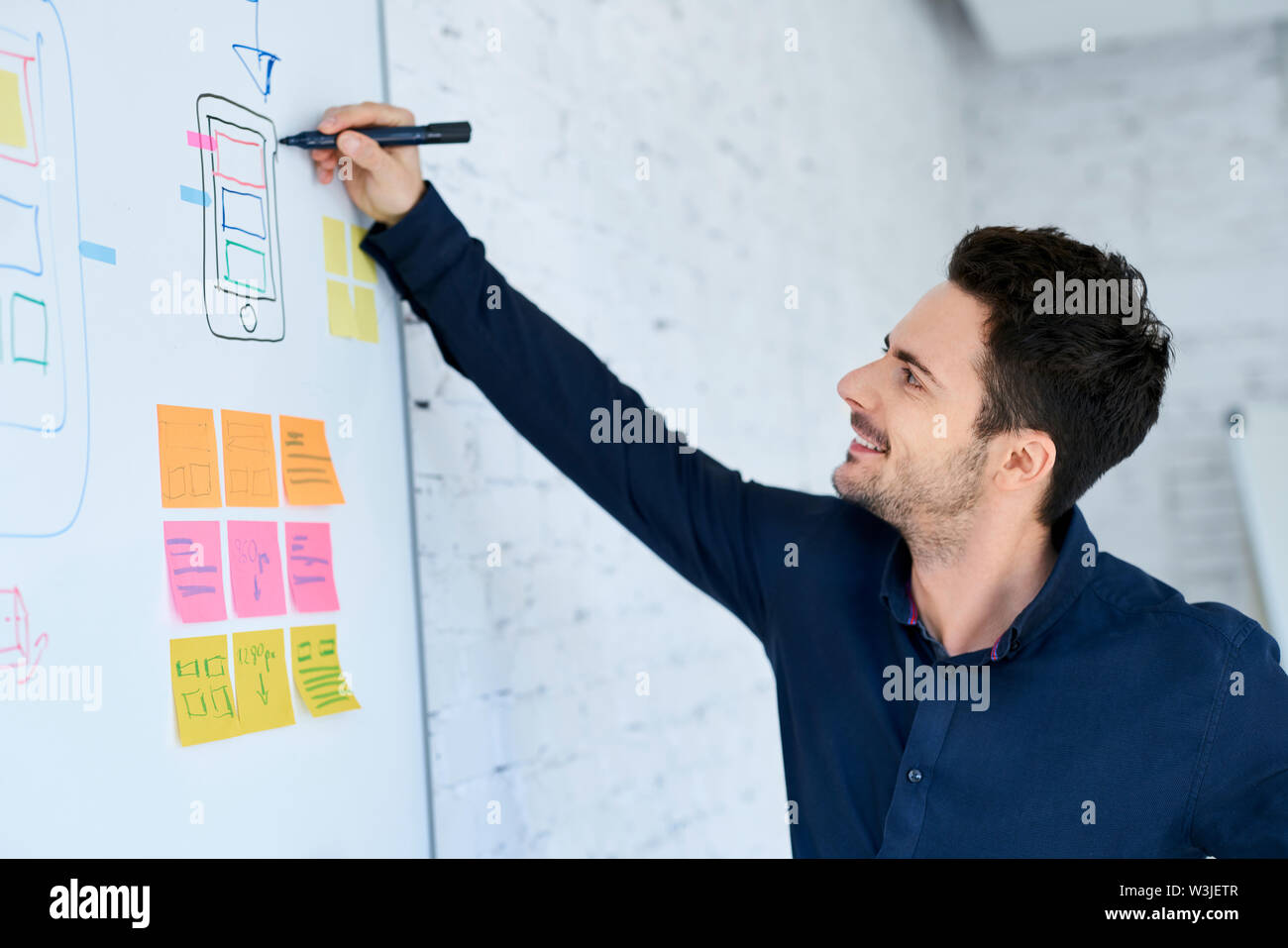 Designer prototyping mobile Anwendung Layout auf dem Whiteboard Stockfoto