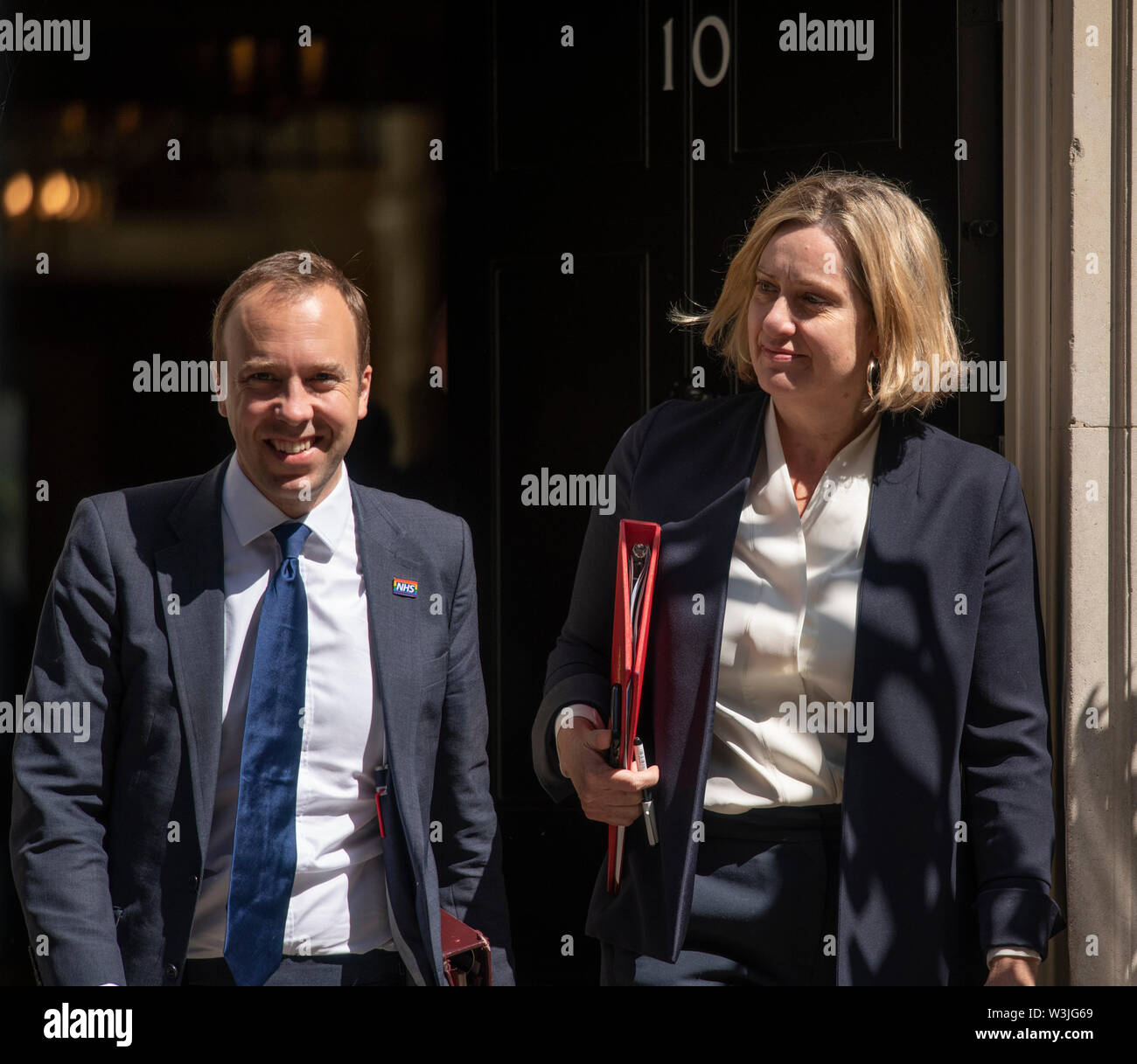 Downing Street, London, UK. 16. Juli 2019. Matt Hancock, Staatssekretär für Gesundheit und soziale Betreuung Blätter Downing Street mit Bernstein Rudd, Minister für Arbeit und Renten, nach der wöchentlichen Kabinettssitzung. Credit: Malcolm Park/Alamy Leben Nachrichten. Stockfoto