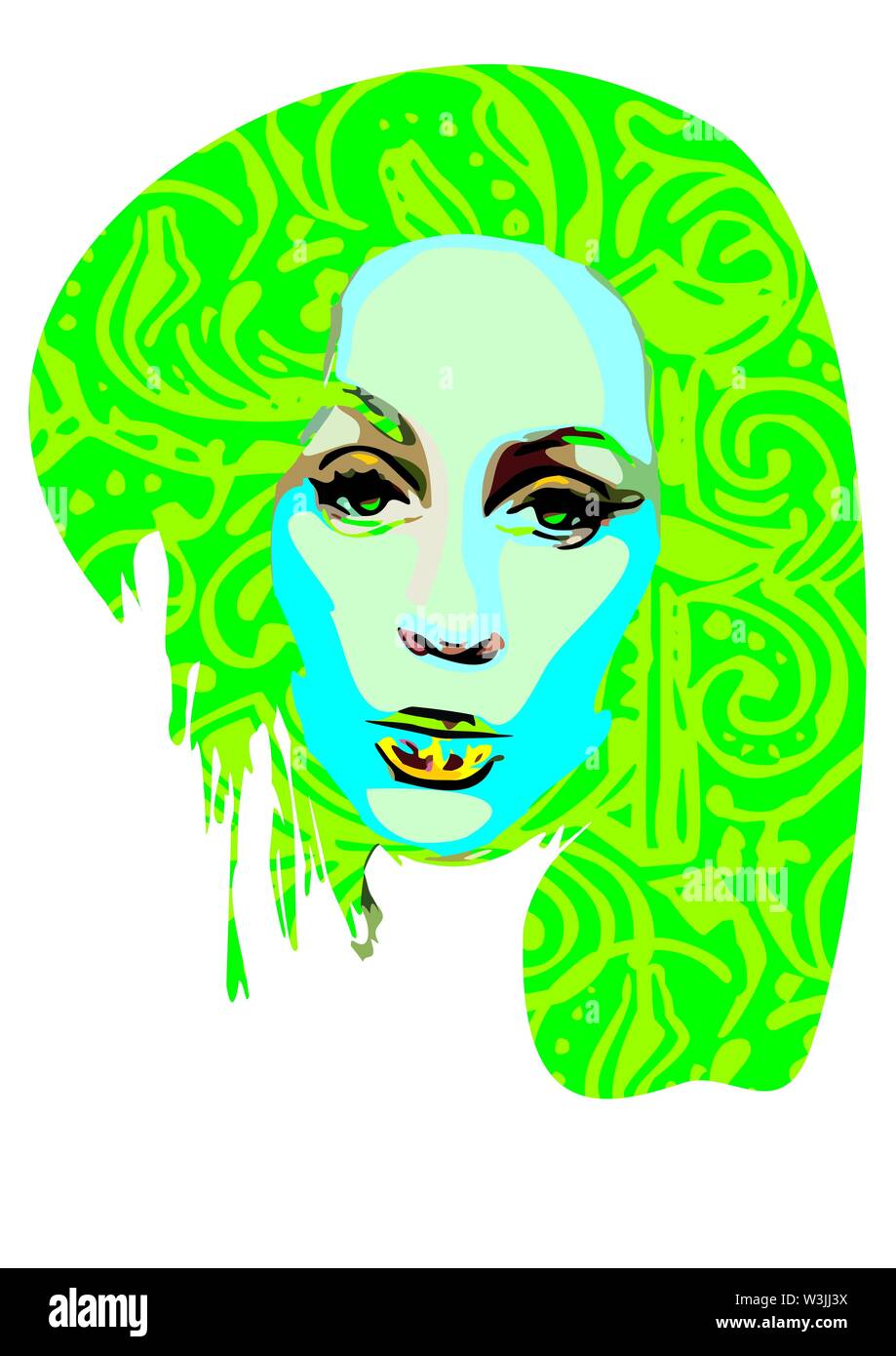 Schöne Mädchen Gesicht mit überzeugt und ein wenig arrogant Ausdruck in psychedelischen Farben: neon grün Haare, Säure blau Haut in Vector EPS 10. Stock Vektor