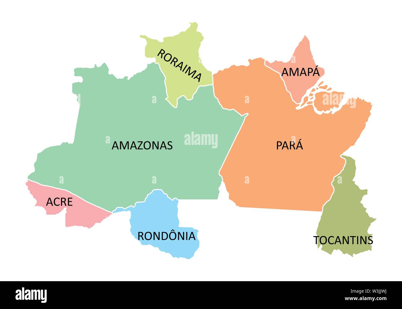 Eine bunte Karte der Brasilien Region Nord auf weißem Hintergrund Stock Vektor