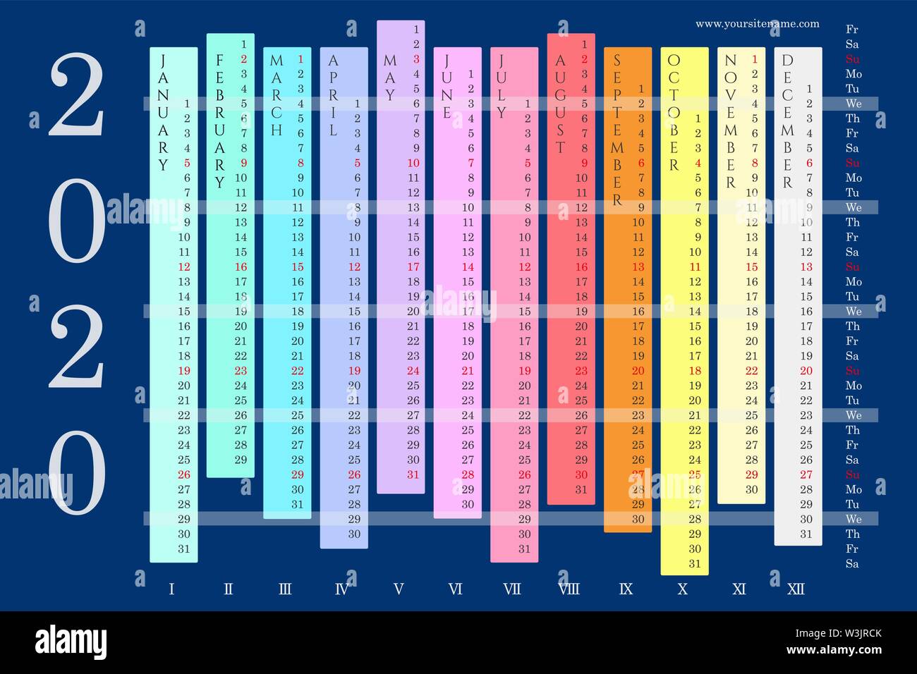 Farbenfrohe Wandkalender 2020 mit vertikaler Monate, Tage der Woche, Sonntags und Mittwochs auf marine blau unterlegt. Vektor 10 EPS Stock Vektor
