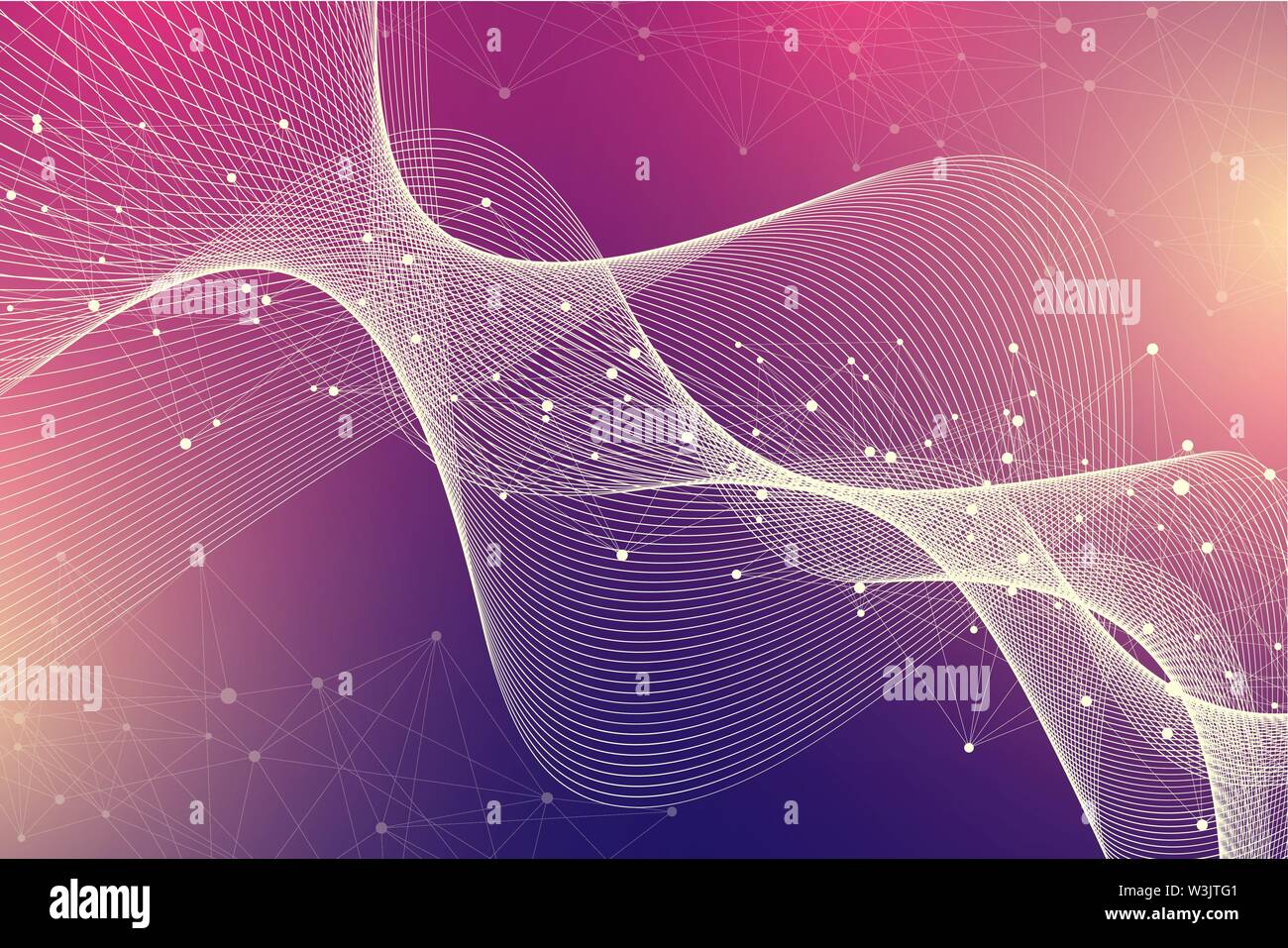 Erweiterung des Lebens. Bunte explosion Hintergrund mit angeschlossenen Leitung und Punkten, Wave fließen. Visualisierung Quantum Technologie. Abstrakte Grafik Stock Vektor