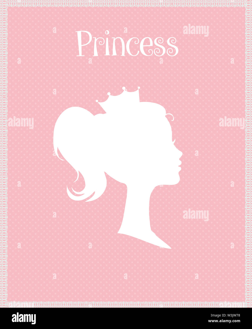 Prinzessin oder Königin Profil Silhouette mit Krone auf rosa Hintergrund mit Typografie Retro Grußkarte, viktorianischen Porträt der Königlichen Person nettes Mädchen ich Stockfoto
