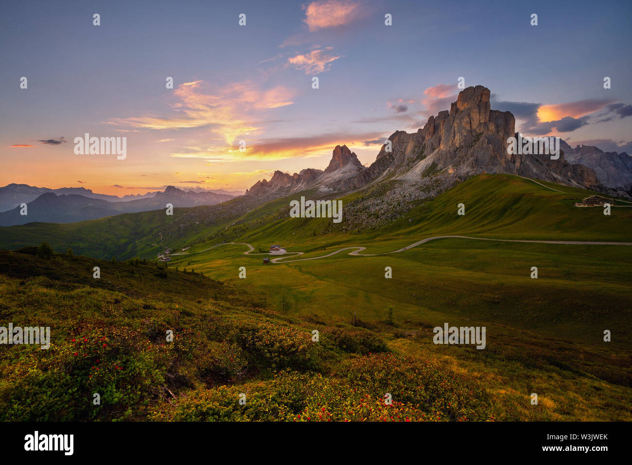 Sonnenuntergang im Sommer am Passo di Giau mit Blumen im Vordergrund, Dolomiten, Italien Stockfoto