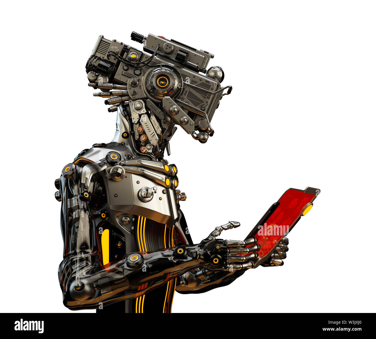 Cyborg arbeiten mit digitalen Tablet, 3D-Darstellung Stockfoto