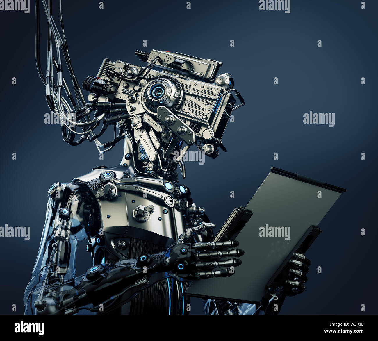Cyborg arbeiten mit digitalen Tablet, 3D-Darstellung Stockfoto