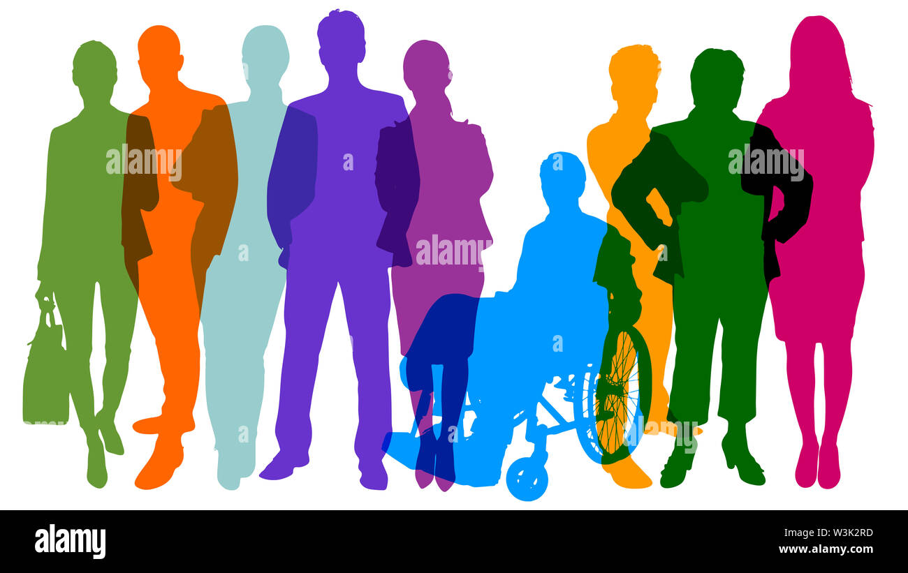 Farbenfroh monochrom Silhouetten von vielen verschiedenen Menschen wie Bevölkerung und Wirtschaft Teamarbeit Konzept Stockfoto