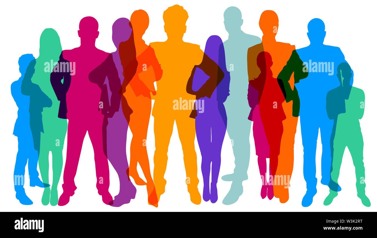 Farbenfroh monochrom Silhouetten von vielen verschiedenen Menschen wie Bevölkerung und Team. Konzept Stockfoto
