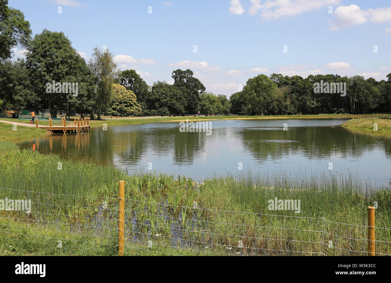 Die neuen Wilden Badesee in der wiederhergestellten Gelände des Beckenham Place Park, London, UK, in der Woche vor der Eröffnung am 20. Juli 2019 gezeigt Stockfoto