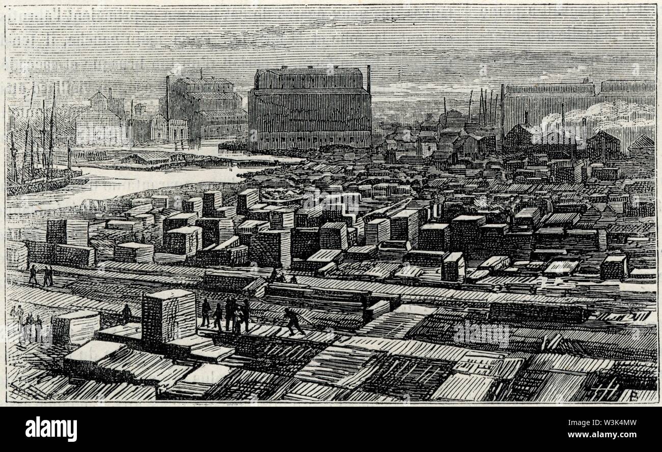 Elévateurs à blé et chantiers. Edifices détruits dans l'Incendie de Chicago. 1871. Stockfoto