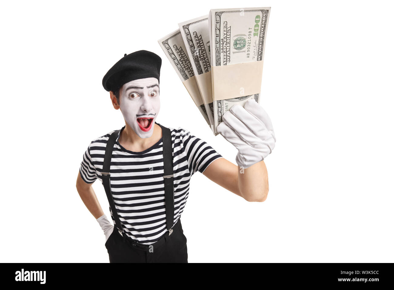 Überrascht mime-Geldhaltung auf weißem Hintergrund Stockfoto