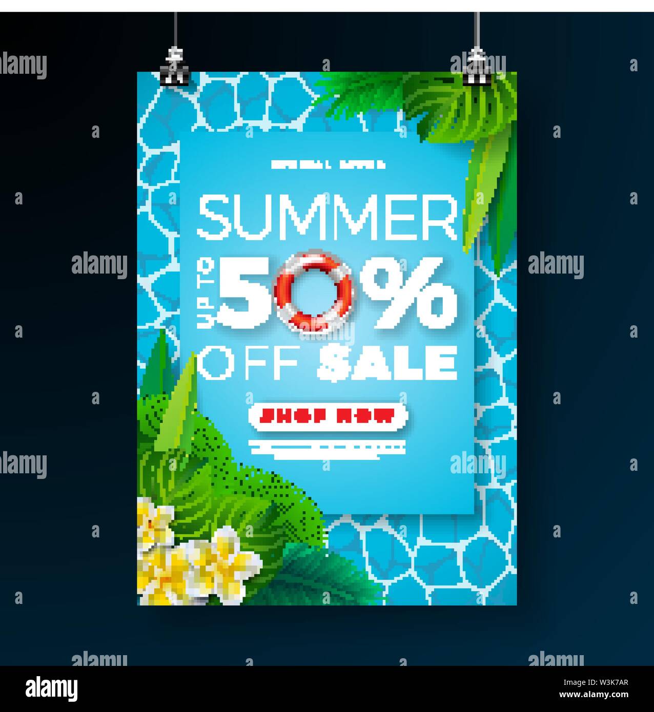 Summer Sale Plakat Design Template mit Blume, Strand Urlaub Elemente und Exotische Blätter auf Pool Hintergrund. Tropische Blumen Vector Illustration mit Stock Vektor