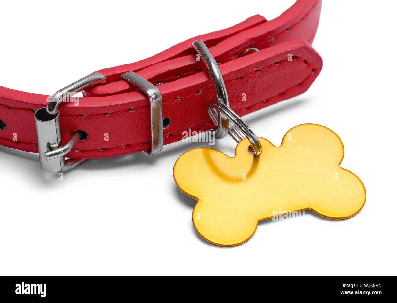 Red Dog Halsband mit Gold Dog Tag isoliert auf Weiss. Stockfoto