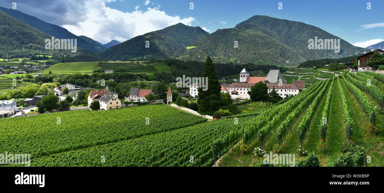 Spektakuläre Aussicht auf das Kloster Neustift von grünen Weinbergen, Südtirol, Brixen, Italien umgeben. Stockfoto