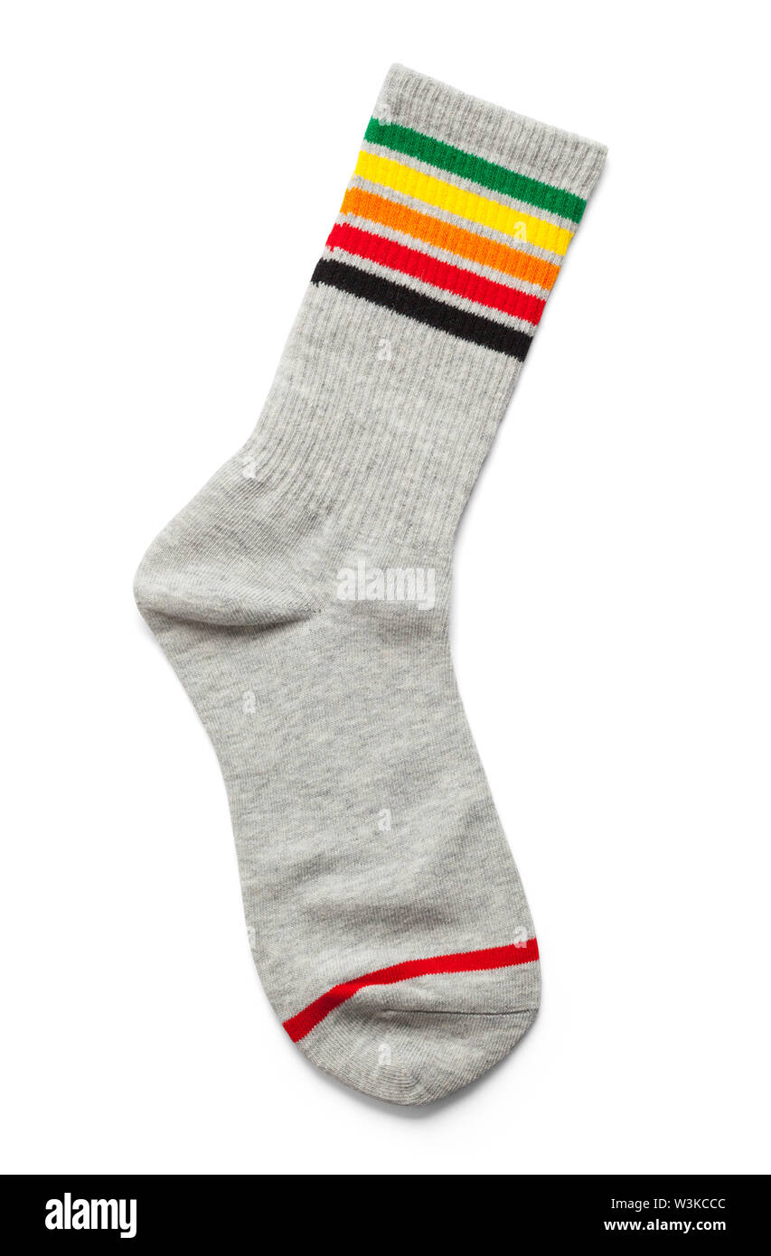 Ein graues abgestreift Socke auf weißem Hintergrund isoliert. Stockfoto