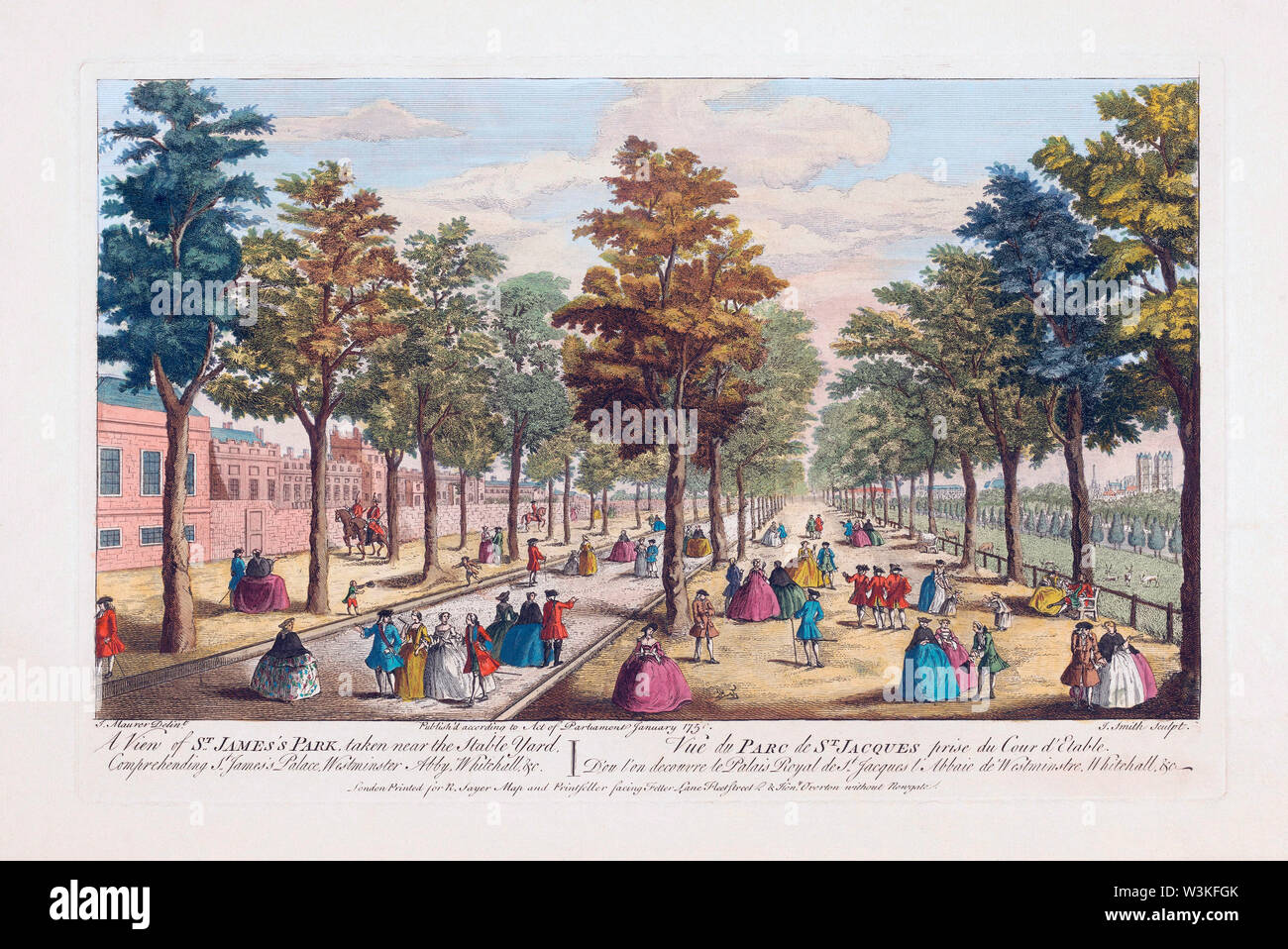 Ein Blick auf die St. James's Park in der Nähe der stabilen Hof, Verstehen von St. James's Palace, Westminster Abby, Whitehall, etc. Nach einer Hand genommen - farbige Gravur veröffentlicht ca. 1750 Stockfoto