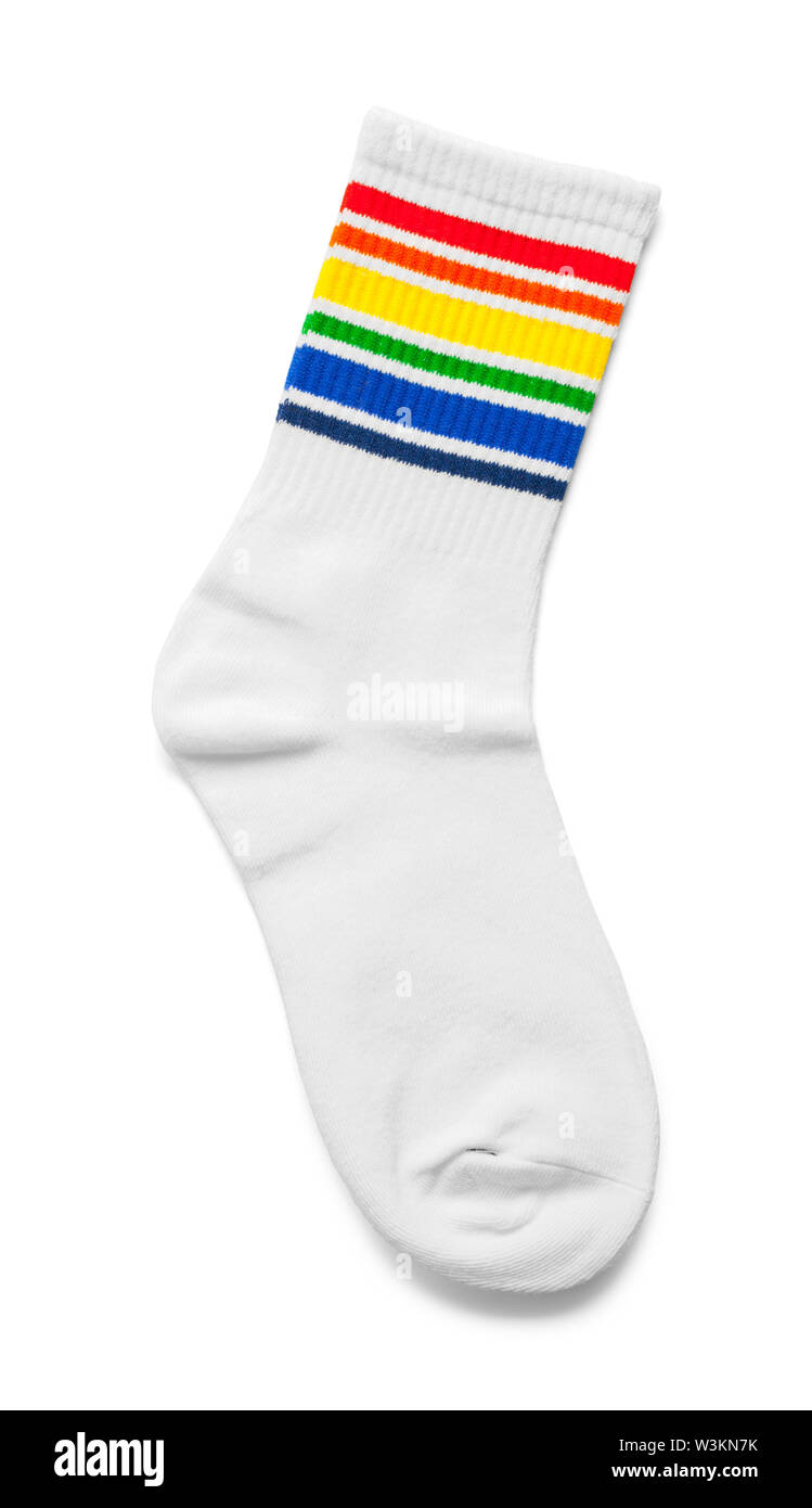 Einzelne weiße Socken mit Regenbogen Streifen isoliert auf Weiss. Stockfoto