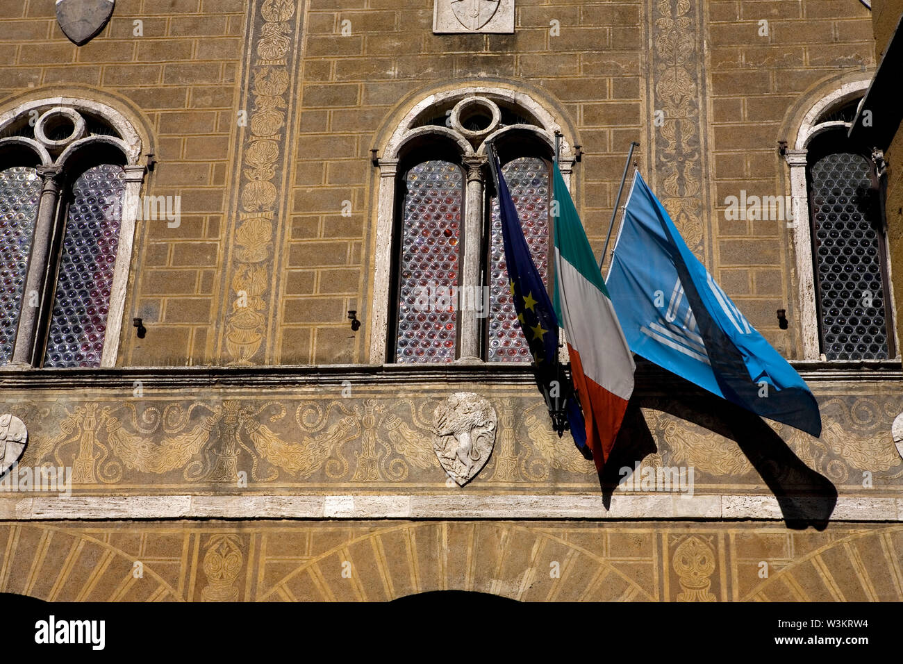 Close-up im ersten Stock des Palazzo Comunale, Piazza Pio II, Pienza, Toskana, Italien Stockfoto