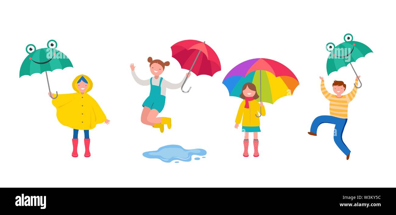 Herbst, Herbst Szene mit verschiedenen nette Menschen, Familien und Kinder Spaß haben, spielen mit Herbstlaub und Springen mit Sonnenschirmen. Masse von winzigen Stock Vektor