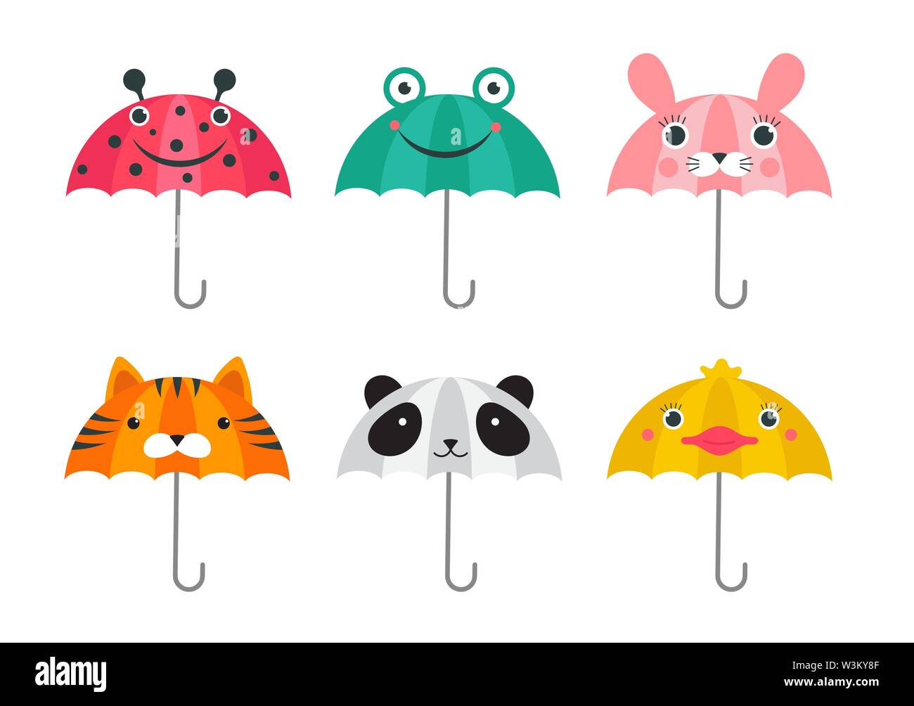 Sammlung von verschiedenen niedlichen Regenschirme mit Tieren Gesichter Design. Panda, Frosch, Marienkäfer, Tiger und chick lustige Gesichter. Bunte vektor Illustration in mod Stock Vektor