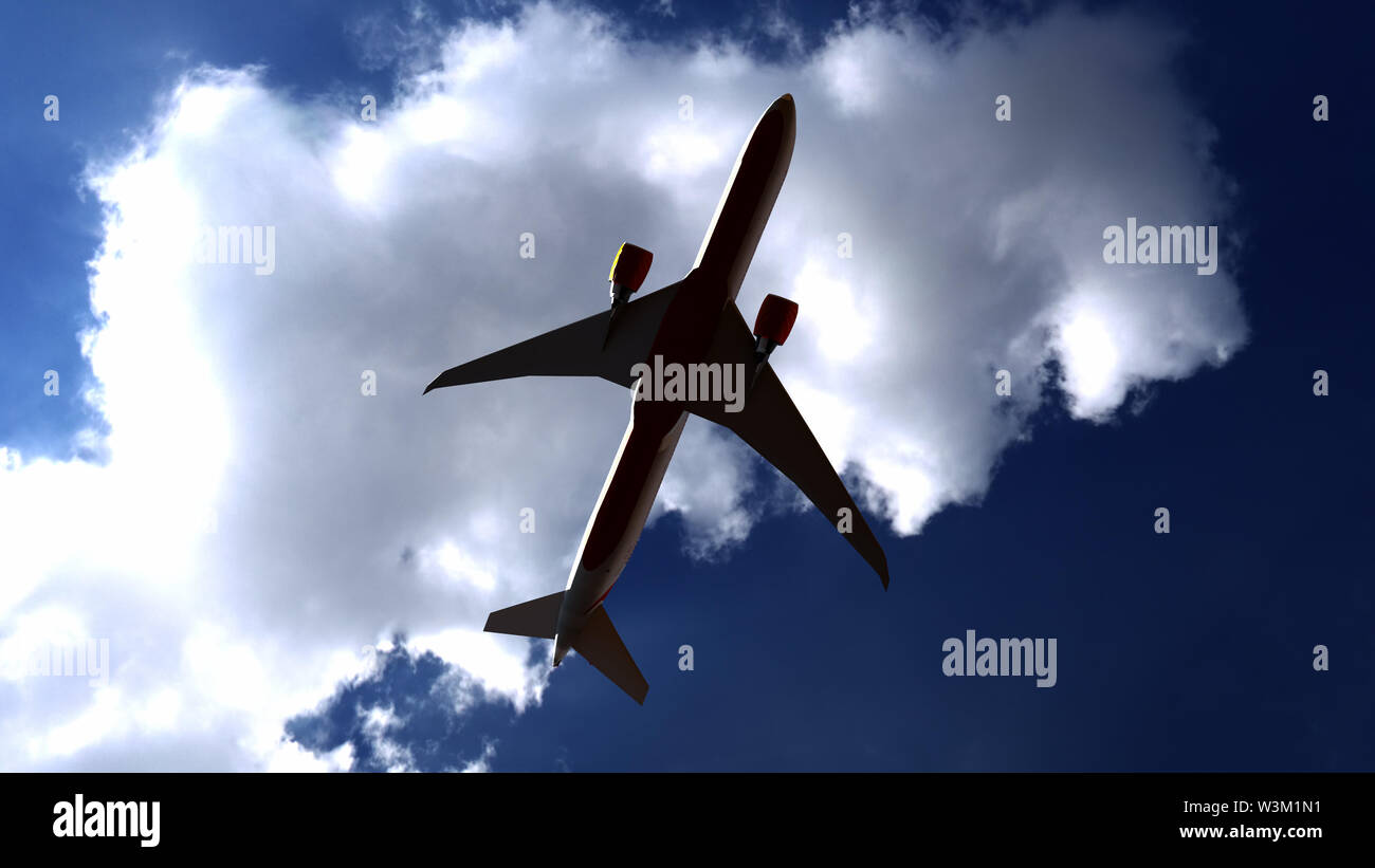 Commercial Airplane gegen den blauen Himmel, Blick von der Masse. 3D-Rendering Stockfoto