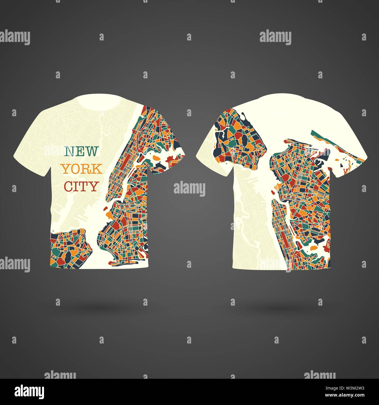 Gelbe t-shirt Silhouette mit NY City Karte verschiedene Farben Stock Vektor