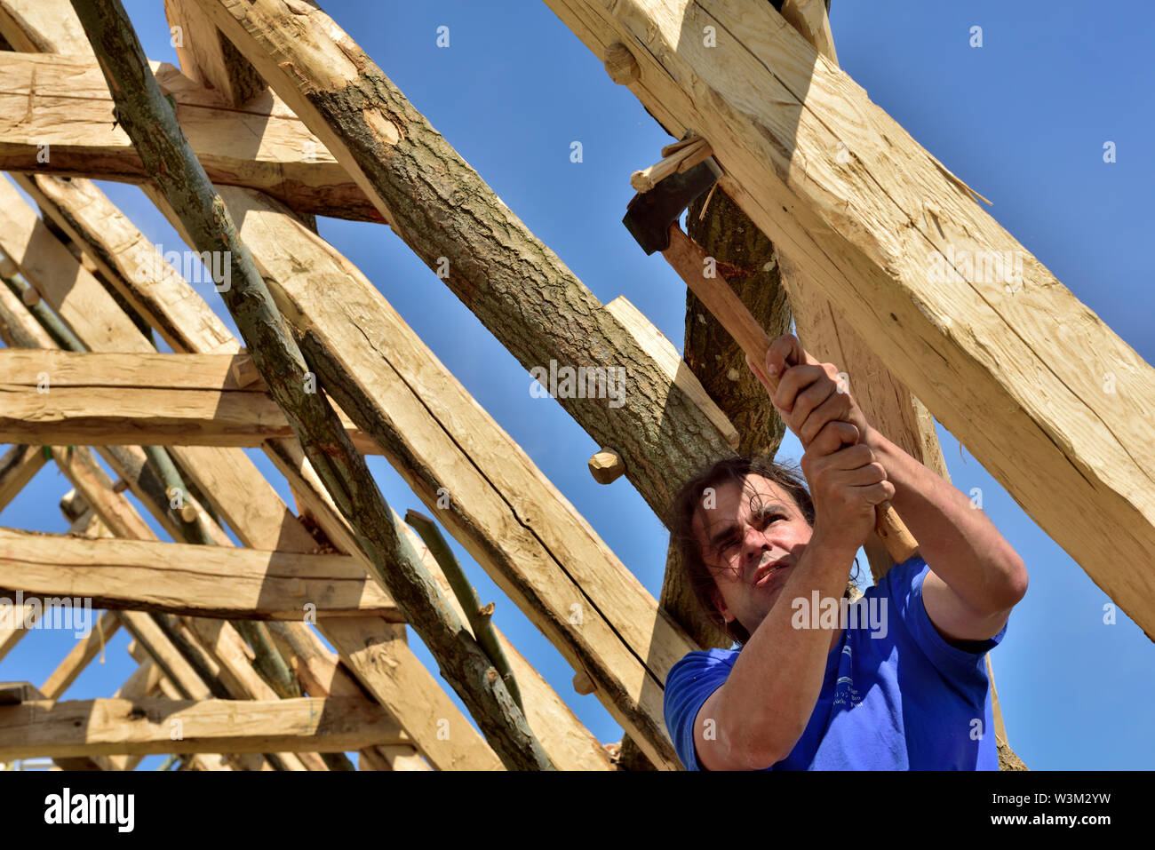 Tischler Trimmen eines gemeinsamen Verriegelung peg in einem neuen traditionelle mittelalterliche Eiche Holz gerahmt Gebäude zu bauen Stockfoto