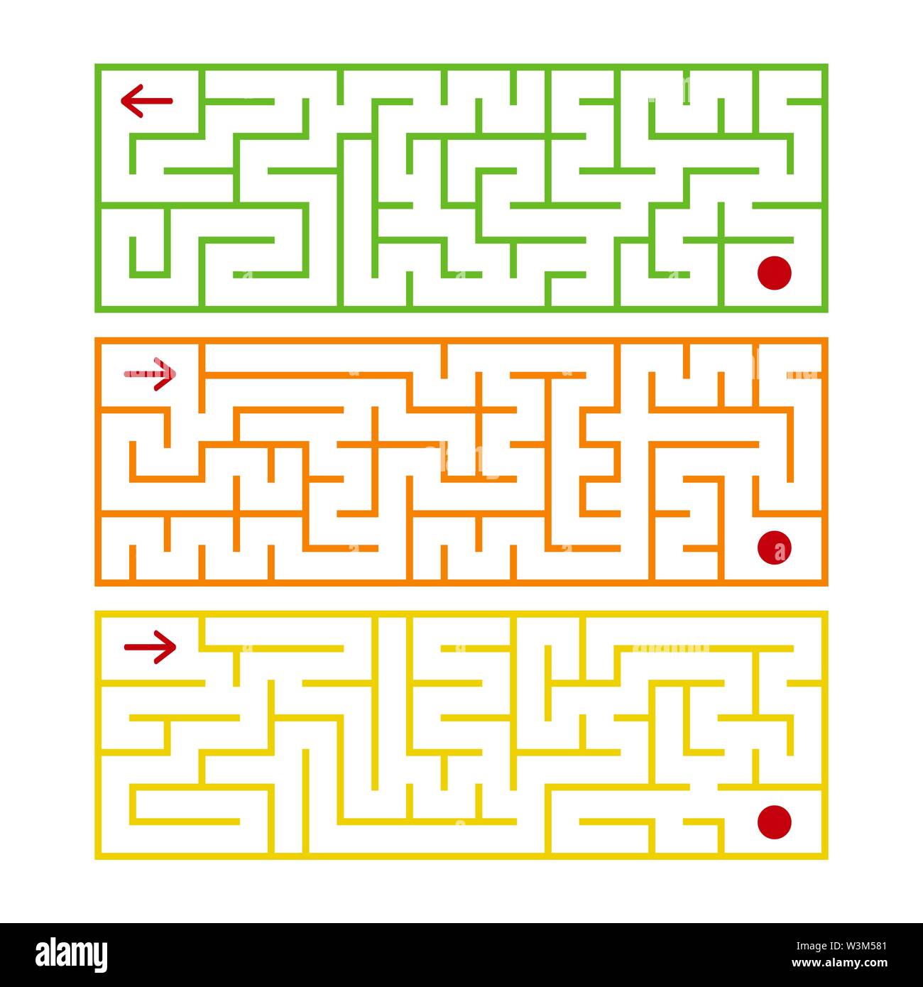 Abstrakte rechteckige isoliert Labyrinth. Es gibt drei Arten im Set. Verschiedene Farben auf weißem Hintergrund. Ein interessantes Spiel für Kinder. S Stock Vektor