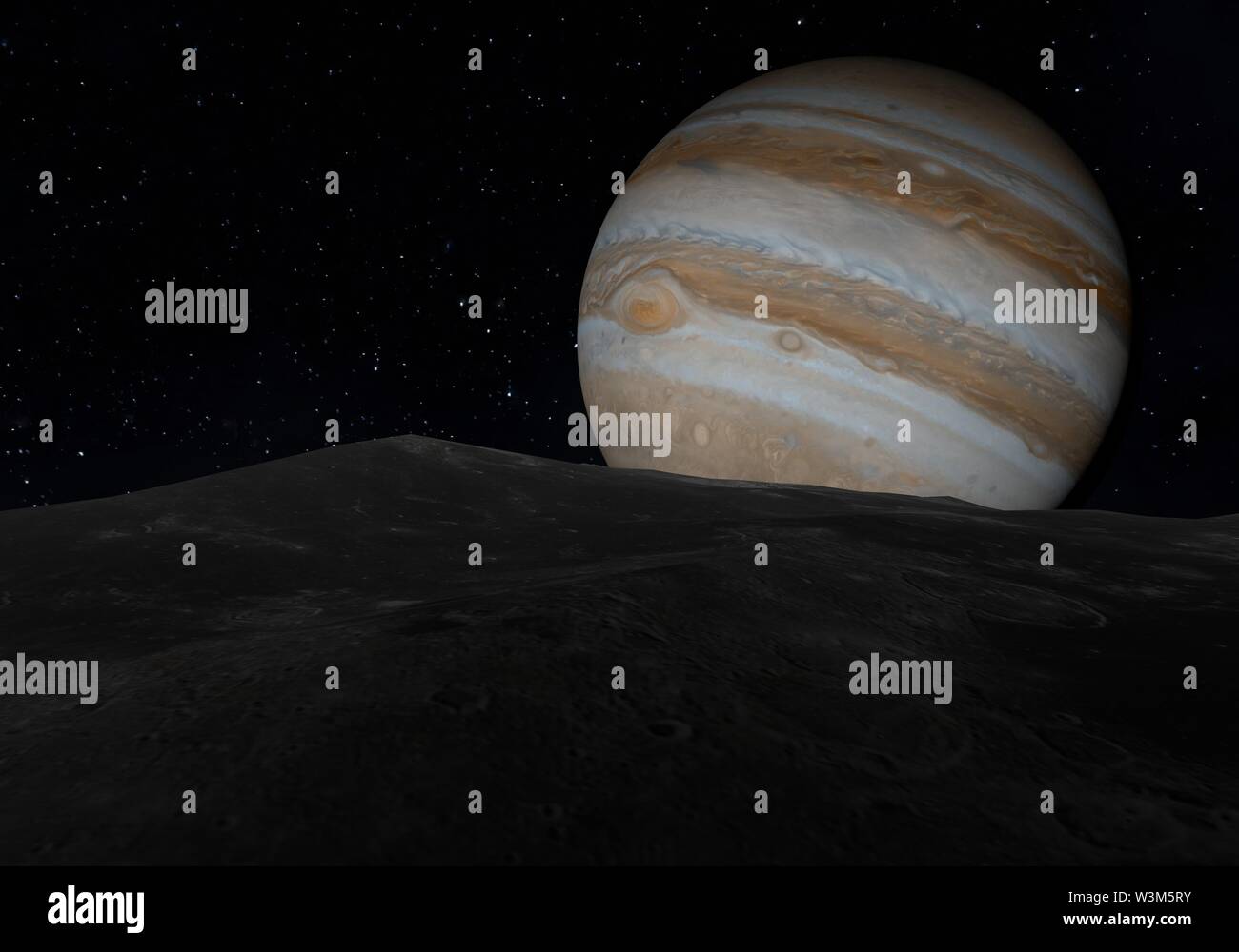 Blick auf Jupiter von Asteroiden. 3D-Darstellung. Stockfoto