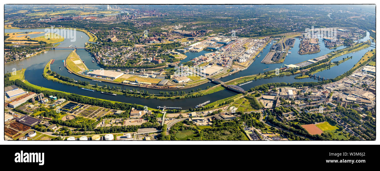 Luftbild der Duisburger Hafen Duisport AG-an-der-Ruhr mit Ruhr Mündung in den Rhein in der Übersicht und Details in Ruhrort in Duisburg im Ruhrgebiet ein Stockfoto