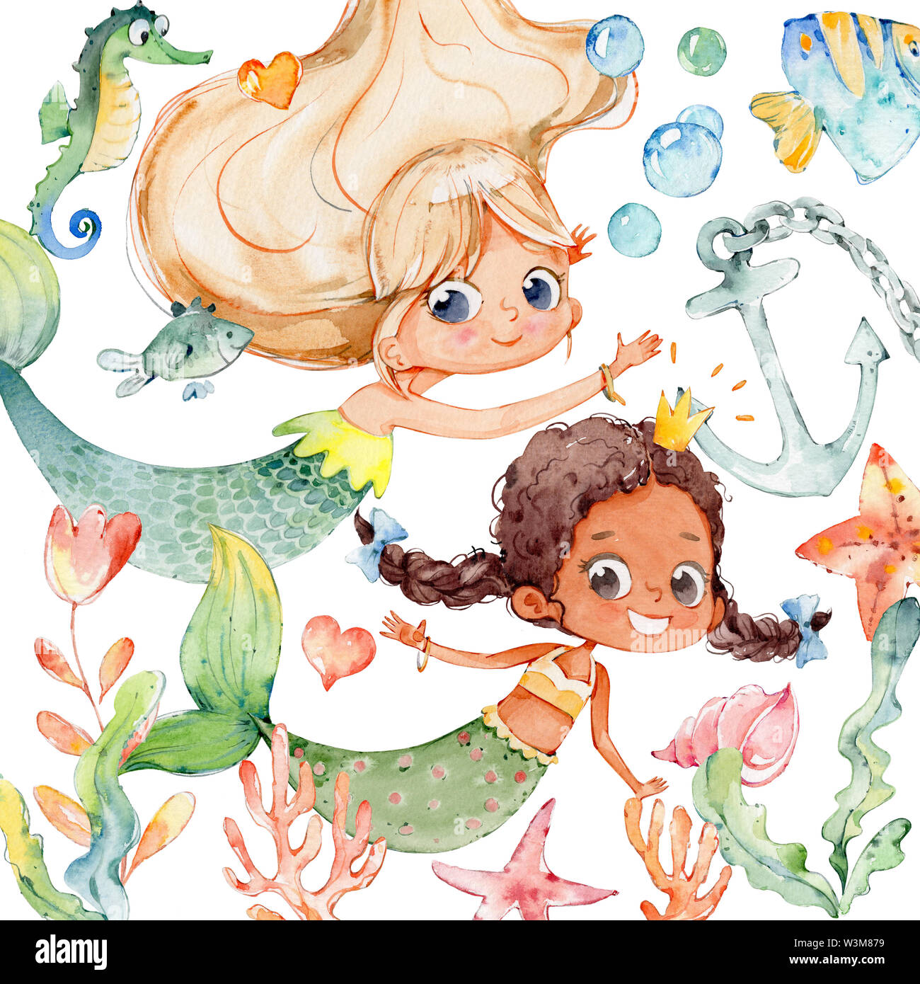 Mermaid Paar Aquarell Charakter Ozean Stockfoto