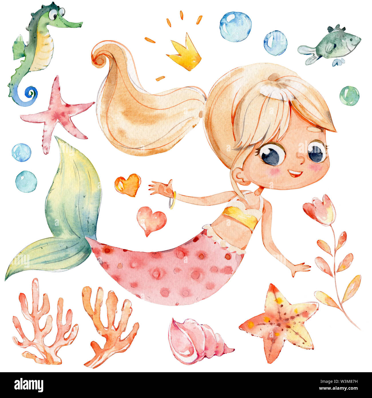 Mermaid Aquarell Charakter Sea Horse Ozean Kit Stockfoto