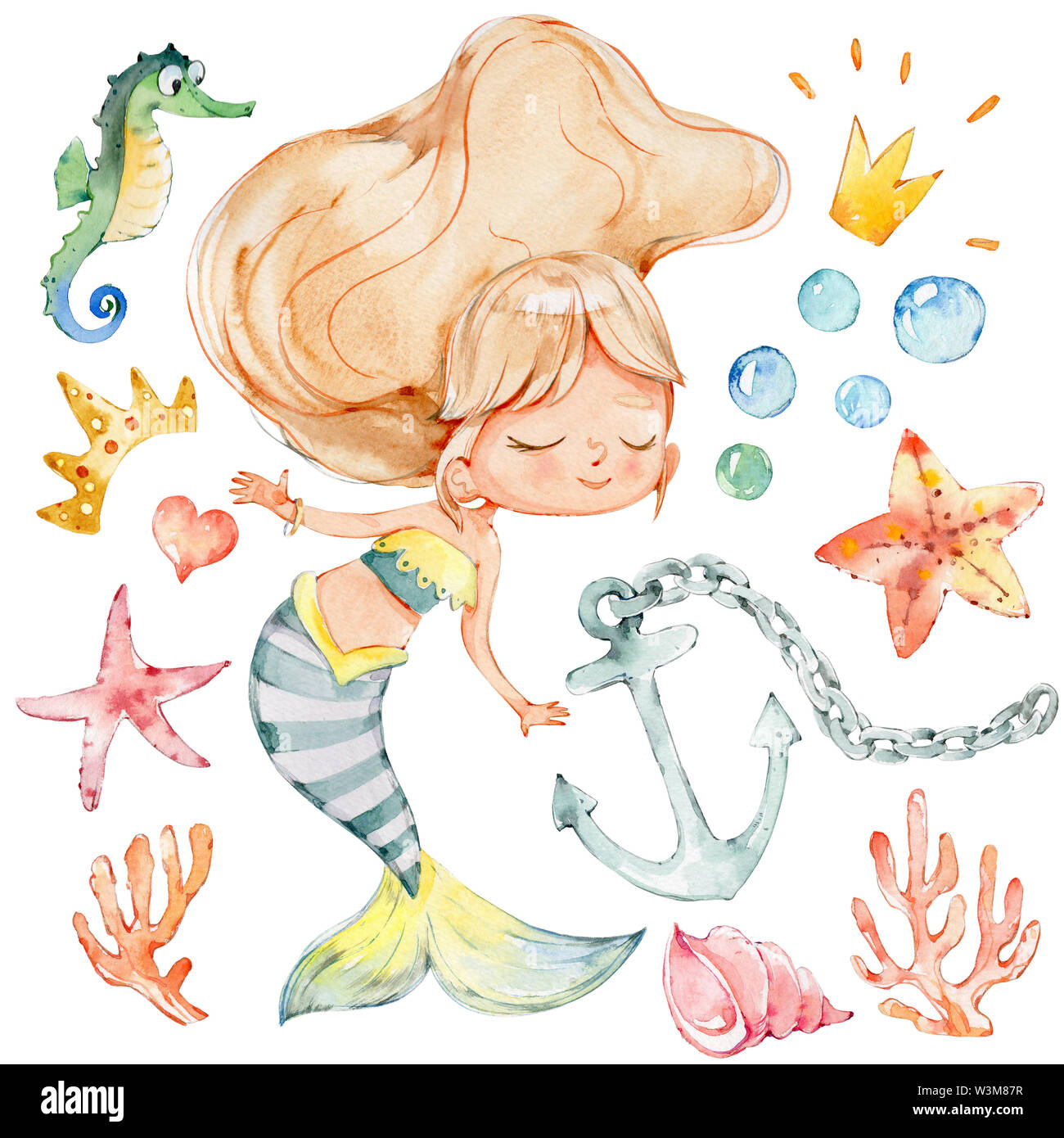 Mermaid Aquarell Charakter Starfish Ozean Kit Stockfoto