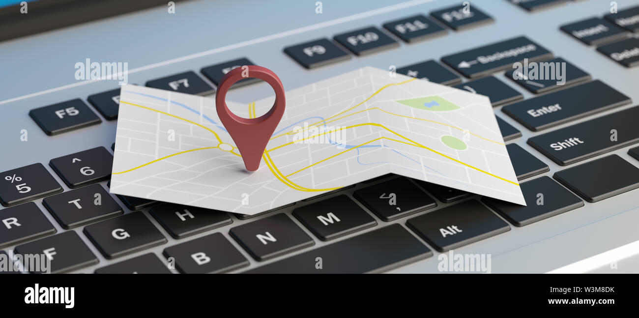 Online Karten, GPS-Navigation Konzept. Kartenzeiger Lage auf einem Computer Laptop. 3D-Darstellung Stockfoto