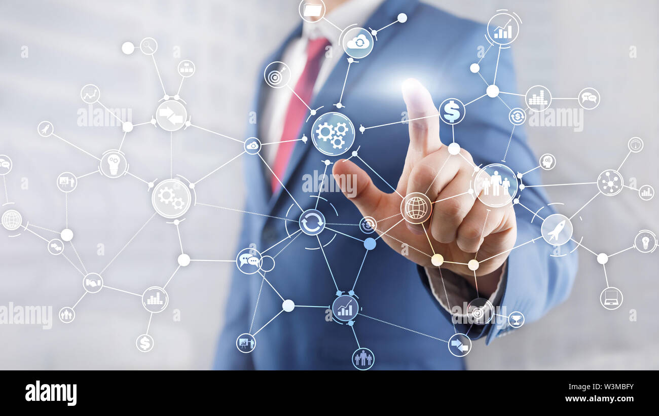 Business Process Workflow Diagramm Struktur Industrielle Automation innovation Konzept auf virtuellen Bildschirm mixed Media Stockfoto