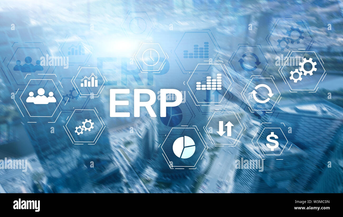 ERP-System Enterprise Ressource Planning auf verschwommenen Hintergrund. Business Automation und Innovation Konzept Stockfoto