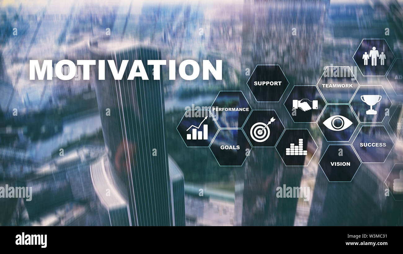 Motivation Konzept mit den Elementen. Business Team. Finanzkonzept auf verschwommenen Hintergrund. Mixed Media. Stockfoto