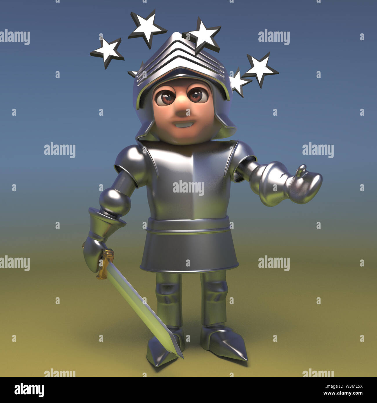 Dizzy mittelalterliche Ritter in Platte Rüstung sieht Sterne in seiner Augen, 3d-Grafik rendern Stockfoto